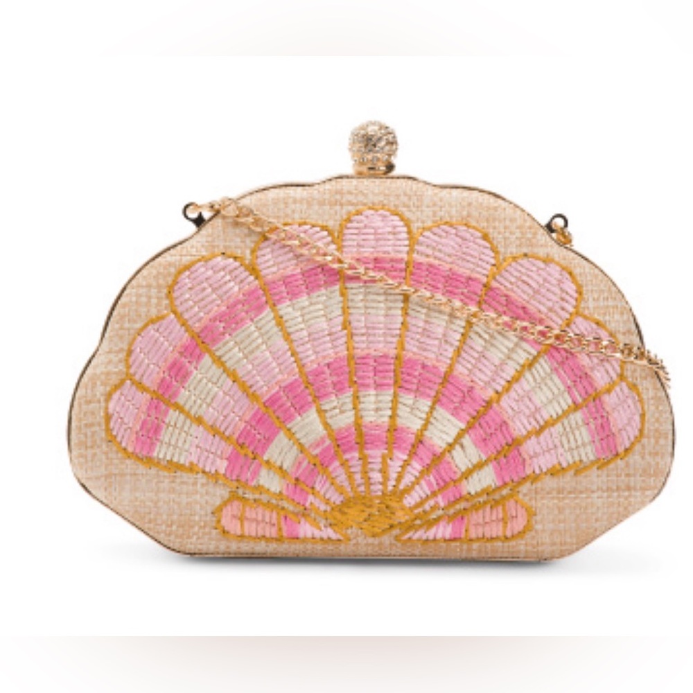 Beaded Shell Clutch in Pink and Cream